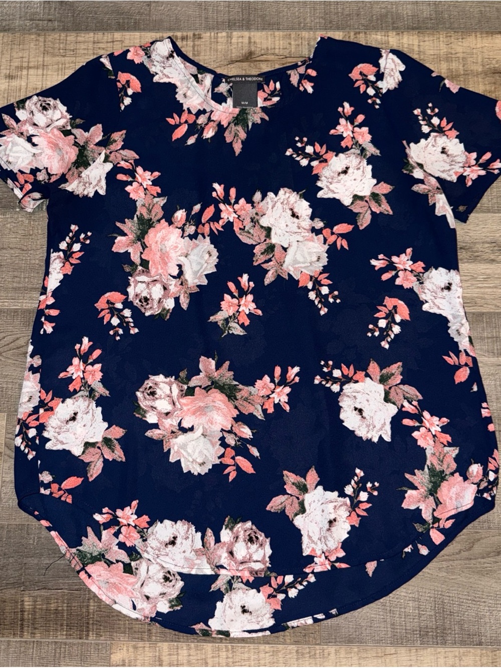 Chelsea and Theodore Short-Sleeve Blouse - Navy with Pink & White Flowers